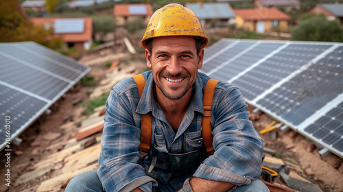 Portrait of a man, solar panel installer on a roof. 