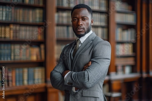 Black lawyer, in a suit, in front of a law library.