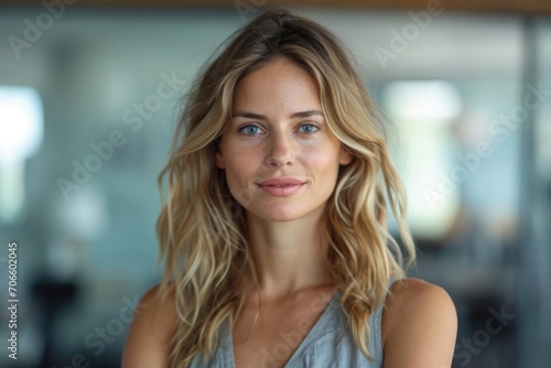 Woman with wavy hair and bright blue eyes smiling in a modern office setting during daylight hours