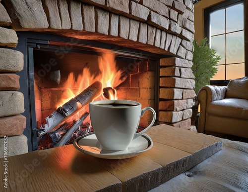 Prendre son café devant un feu de cheminée  photo