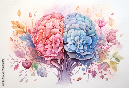 Colorful brain with tree and flowers. abstract watercolor background. tree with shapes like human brain.