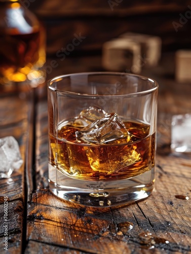 A glass of good whiskey with ice on wooden desk