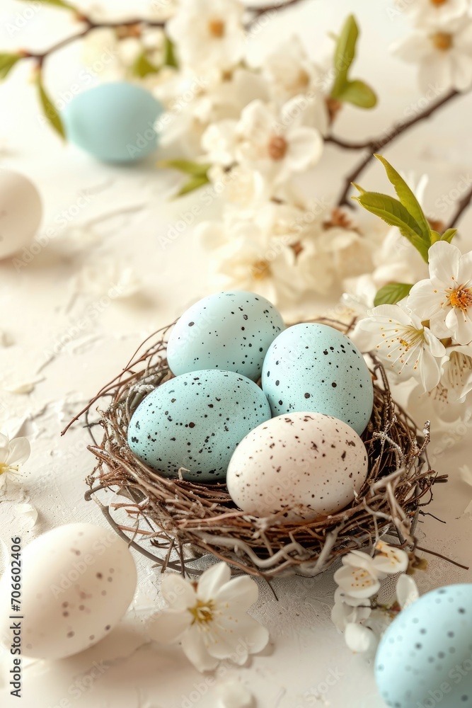 Beautiful decorated Easter eggs in a nest. Spring holiday Beautiful decorated Easter eggs in a nest. Spring holiday