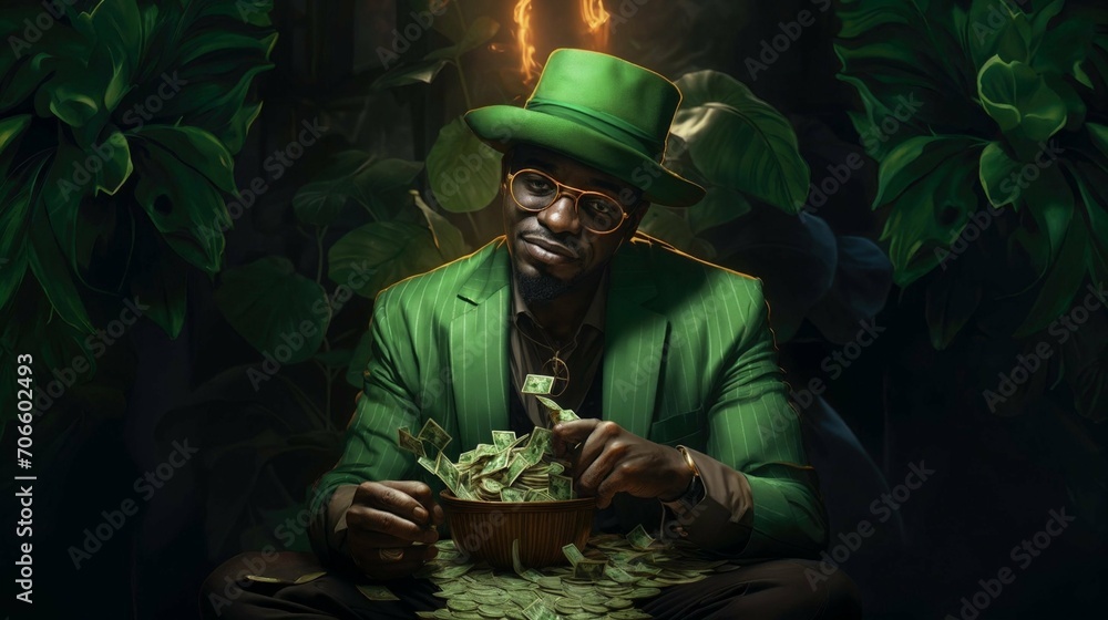 The leprechaun is sitting in the forest and counting his money