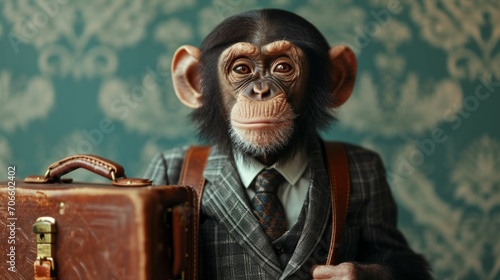 A humorous portrait of a monkey dressed in a business suit, holding a briefcase © Kanisorn