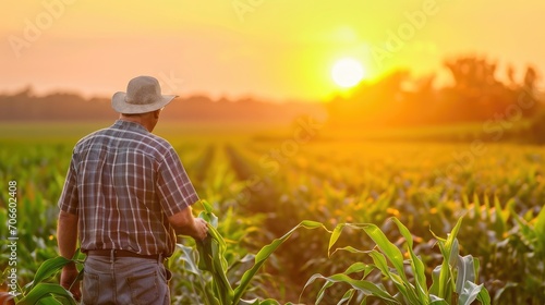 Farmer checking the quality of his corn field at the sunset