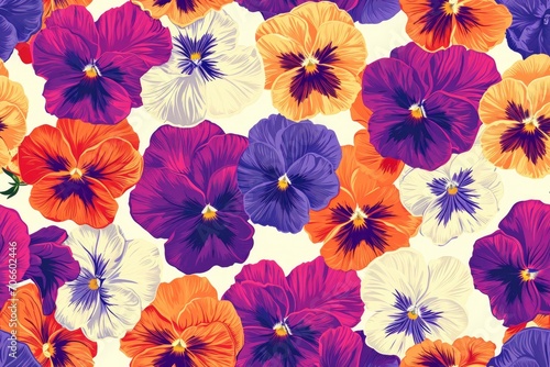 Seamless pattern with colorful pansy flowers.