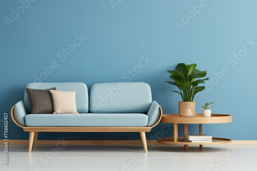 Scandinavian home interior design of modern blue living room. Round coffee table near blue sofa © Lubos Chlubny