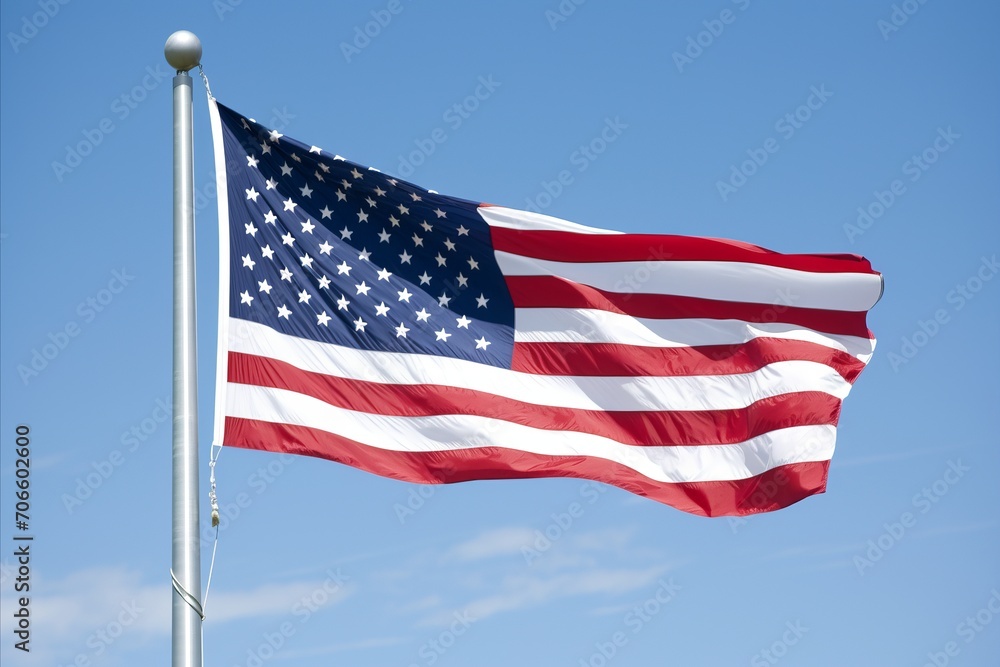 Patriotic United States Flag. Independence Day Celebration and American Freedom Festivities. Blue sky in the background.