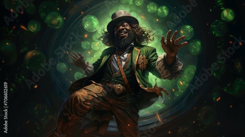 A leprechaun in a green hat with gold coins flying around. A treasure trove of leprechauns