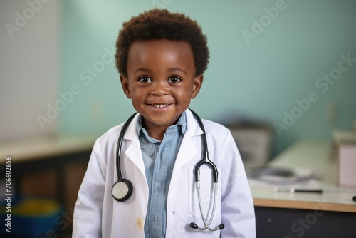 Smiling young child dressed as a doctor with a stethoscope in a clinic setting