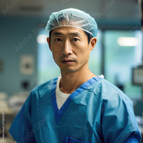 Portrait of an Asian male surgeon in a medical setting