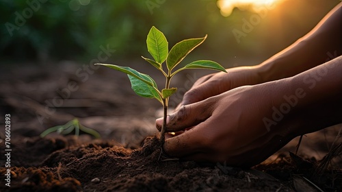 The agronomist guards the green sprout. Green plant growth in nature. Sapling in fertile soil. Agricultural industry. The concept of growth and development under supervision. Illustration for design. photo