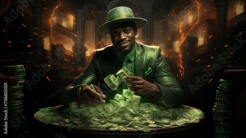 The leprechaun is looking at his pile of money. Leprechaun\'s Treasure Cave