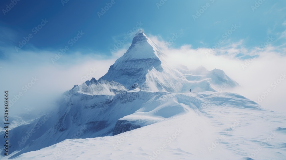 Mountain range with visible silhouettes through the morning colorful fog. Hazy mountain sunset. Panoramic view. Snowy desert terrain on a sunny day. Illustration for cover, card, interior design, etc. Mountain range with visible silhouettes through the morning colorful fog. Hazy mountain sunset. Panoramic view. Snowy desert terrain on a sunny day. Illustration for cover, card, interior design, etc.