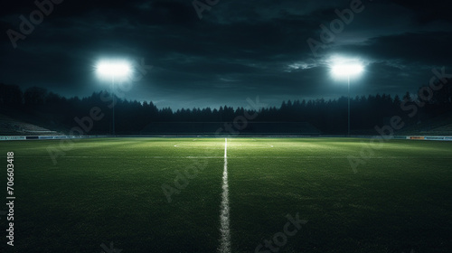 Floodlit Soccer Field with Neon Ambiance A floodlit soccer field at night with a neon ambiance, ideal for evening match promotions, sports facility advertisements © 1st footage