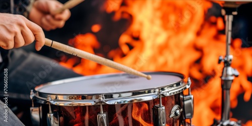 Unleashing the Beat: Drummer Playing a Fiery Drum Set, Creating Rock, Pop, and Heavy Metal Rhythms with Intense Passion and Energy., Generative AI