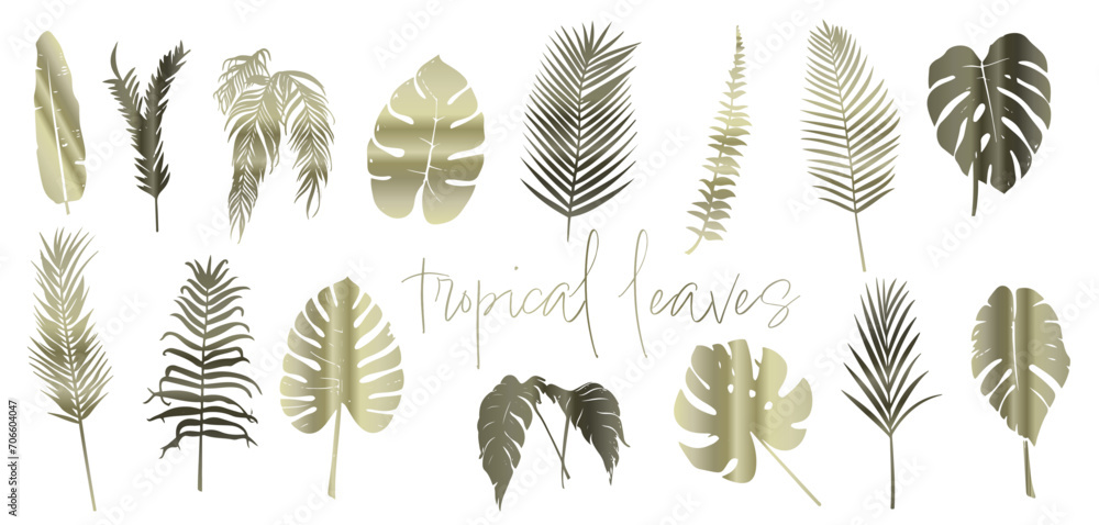 Colorful tropical leaves and palm trees, in flat composition style, plant elements, realistic and detailed illustration, various cut out silhouettes. Colorful tropical leaves and palm trees, in flat composition style, plant elements, realistic and detailed illustration, various cut out silhouettes.