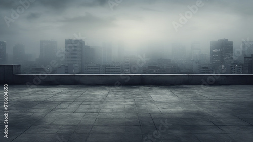 Foggy Rooftop with Concrete Texture An image of a foggy rooftop with a grunge concrete texture and ambient city light reflections Perfect for rooftop event promotions
