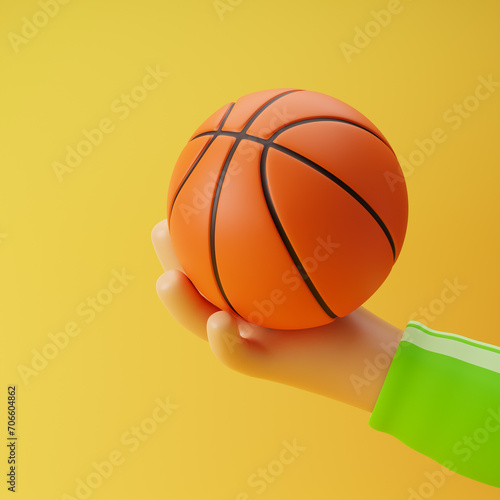 Athlete cartoon hand holding basketball isolated over yellow background. 3D rendering.