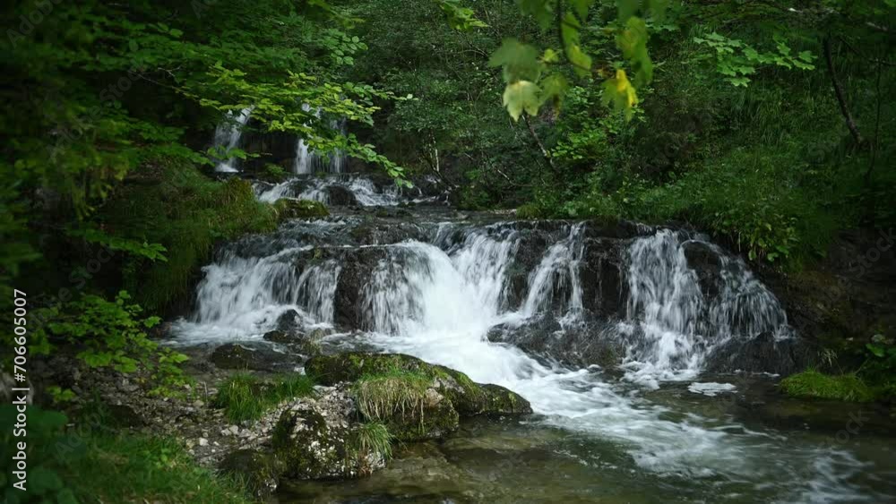 Upper waterfall at Josephsthaler Wasserfälle hidden in the summer forest with a beautiful mountain stream Upper waterfall at Josephsthaler Wasserfälle hidden in the summer forest with a beautiful mountain stream