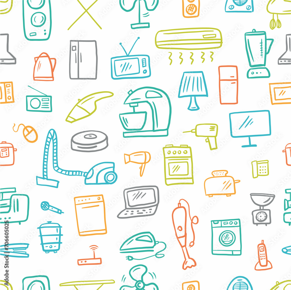 Vector pattern is a collection of household appliances and electrical appliances for the home, hand-drawn in the style of doodles Vector pattern is a collection of household appliances and electrical appliances for the home, hand-drawn in the style of doodles