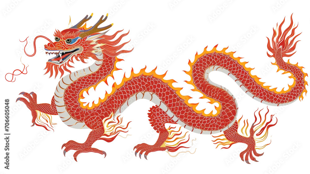 Fototapeta premium Illustration of a fiery red and orange dragon with intricate scales.