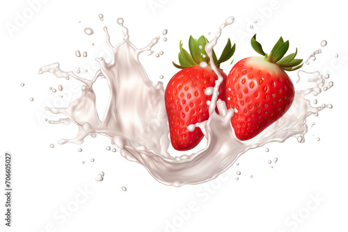 Milk splashes with strawberry pieces isolated on transparent or white background, PNG file.