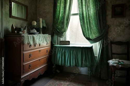 Interior with green dresser, curtain, and decor. Generative AI