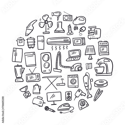 Vector round illustration of a collection of household appliances and electrical appliances for the home, hand-drawn in the style of doodles