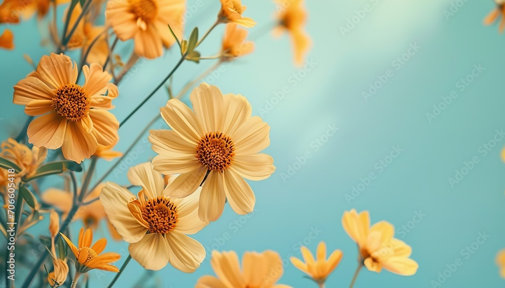 Elegant arrangement of flowers among delicate branches on a soft blue background