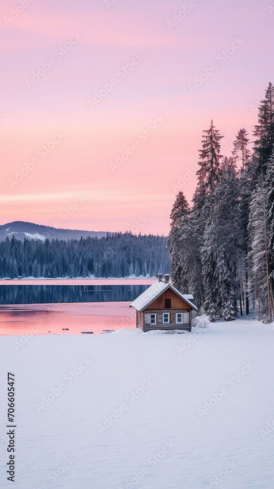 A hut on the shore of a frozen lake. A secluded cottage in the woods with a burning light in the window. Purple clouds in the sky