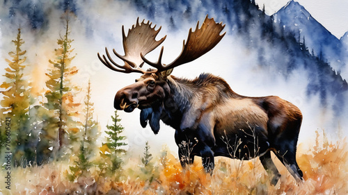 moose, mountains, double exposure, watercolor art © Xabi