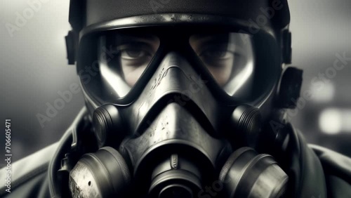Man wearing a gas mask and radioactivity, close up camera angle photo