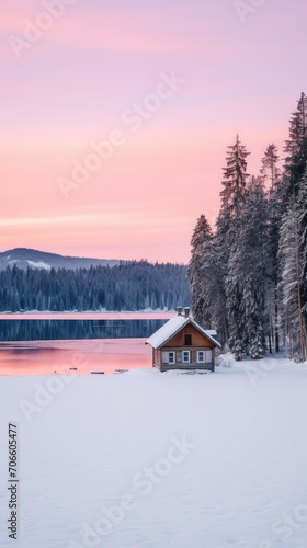 A hut on the shore of a frozen lake. A secluded cottage in the woods with a burning light in the window. Purple clouds in the sky © poto8313