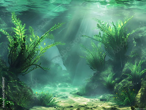 Enchanting Underwater Oasis with Vibrant Green Fauna and Sunlit Patterns - Scenic Aquatic Life Serenity Concept