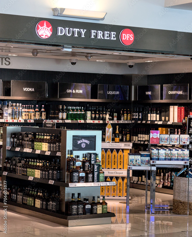 Alcohol liquor bottles for sale at the Duty Free shop in JFK airport