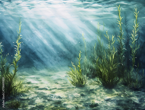 Calming Underwater Seascape Watercolor: Realistic Ocean Floor with Seaweeds - Sunlight Filtering Effect, Pleasing Green and Blue Hues - Concept of Tranquility & Marine Beauty