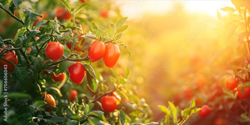 As the Sun Sets, Red Goji Berries Thrive in a Bushy Field: Organic Farming Yields Fresh, Ripe Superfood Berries, Packed with Nutrients, Generative AI