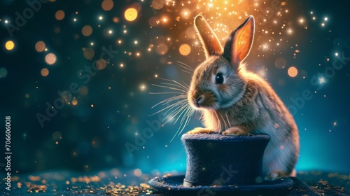 A whimsical portrait of a rabbit popping out of a magician's hat, set against a mystical, dark studio backdrop with twinkling lights photo