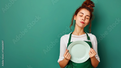 Fototapeta Naklejka Na Ścianę i Meble -  Young amazed impressed happy housewife housekeeper chef cook baker woman isolated on pastel background studio portrait