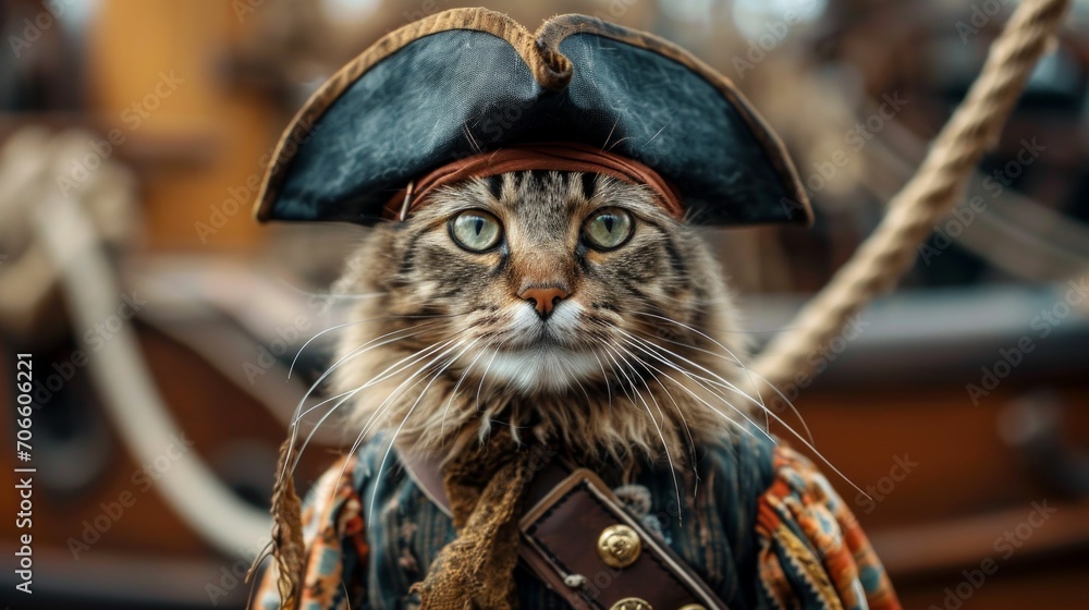 An amusing portrait of a cat dressed in a pirate costume, complete with ...