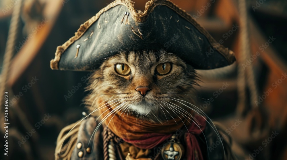 Fototapeta premium An amusing portrait of a cat dressed in a pirate costume, complete with a hat, against a studio backdrop resembling a ship's deck.