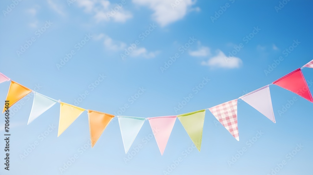 Fototapeta premium Colorful party pennants chain, garland with flags, on background of a blue sky