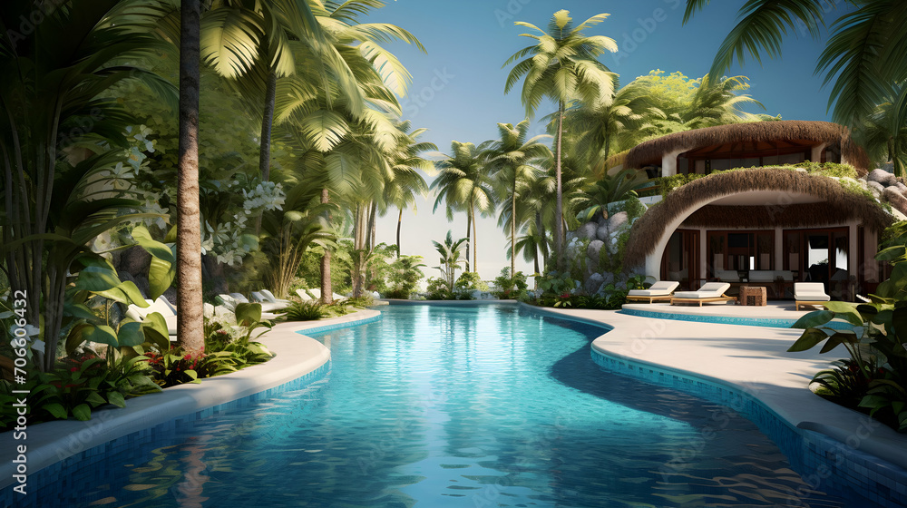 Swimming pool in a tropical resort hotel. Empty designer pool with palm trees and a bungalo, summer vacations Swimming pool in a tropical resort hotel. Empty designer pool with palm trees and a bungalo, summer vacations