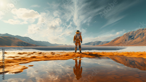 Astronaut at a dry desert planet, drought, dried out lake, concept of climate change and global warming