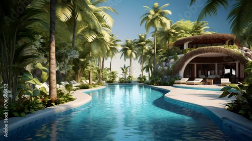 Swimming pool in a tropical resort hotel. Empty designer pool with palm trees and a bungalo, summer vacations