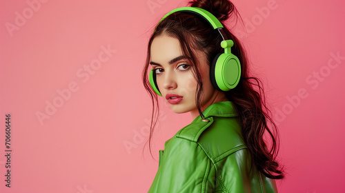 Side view young woman wearing casual green sweater headphones listen to music dance gesticulating hands have fun isolated on plain pastel purple background studio. People lifestyle concept photo