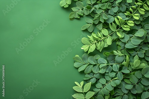 Green leaves frame isolated on green background leaves on a green background.