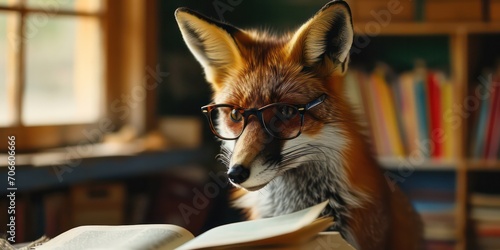 A fox wearing glasses is seen engrossed in reading a book against a blurred classroom backdrop.